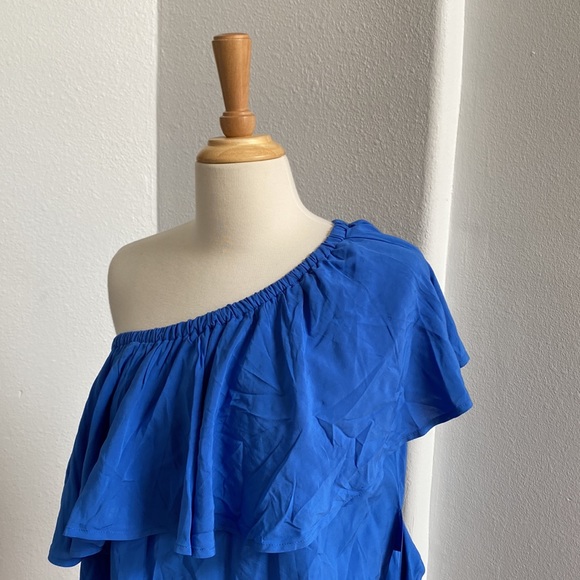 Blue One-Shoulder Ruffle Blouse - Picture 2 of 11